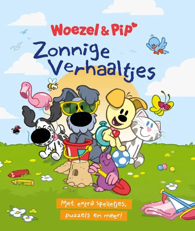 De cover van het kinderboek woezel & pip zonnige verhaaltjes toont kleurrijke dieren voor jonge lezers