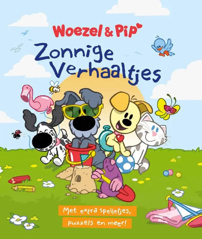 Kinderboek cover van woezel en pip in een zonnige buitenscène voor het product zonnige verhaaltjes