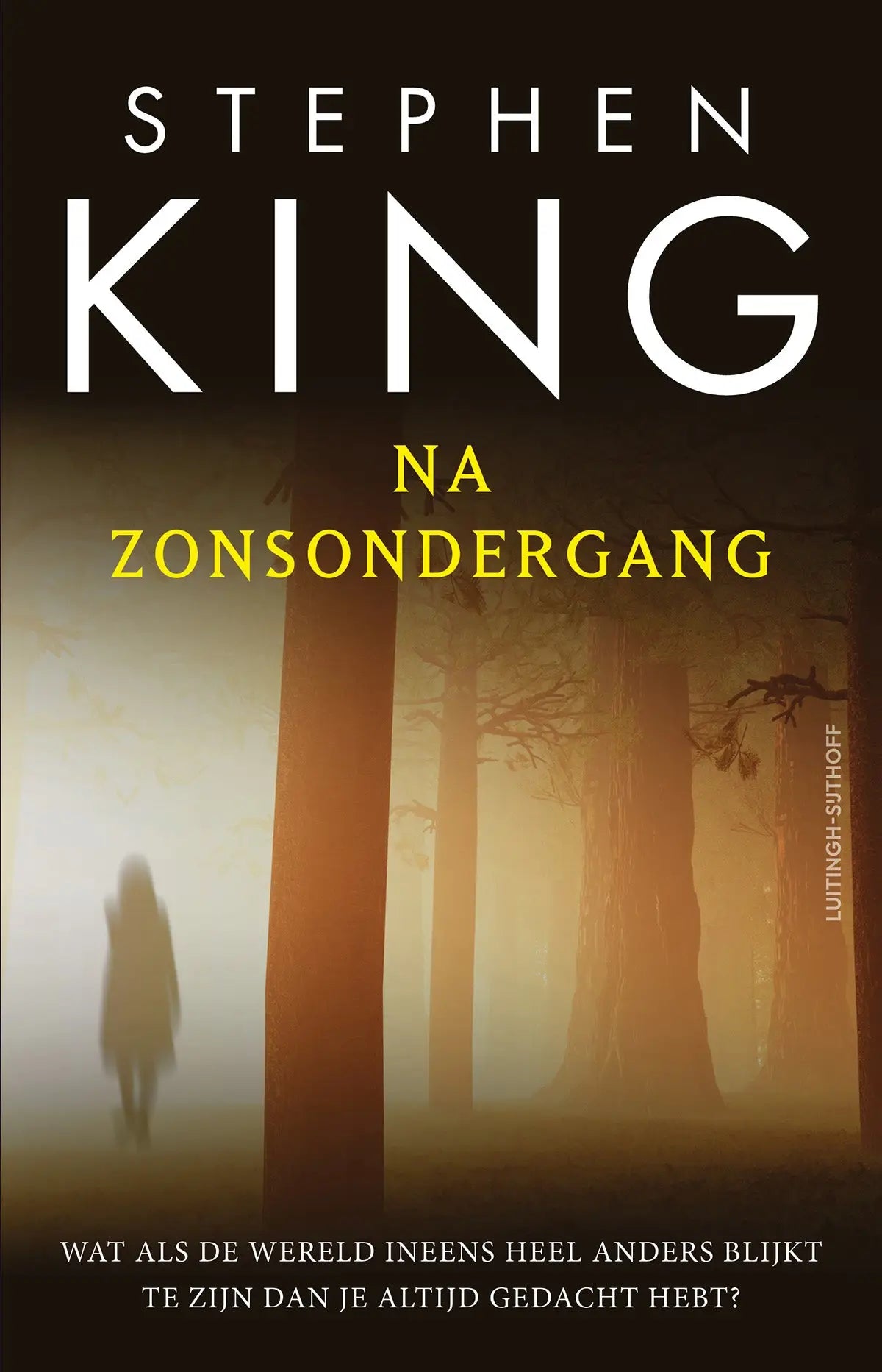 De book cover van na zonsondergang door stephen king toont een mistig bos en een figuur en is ideaal voor spannende boeken fans