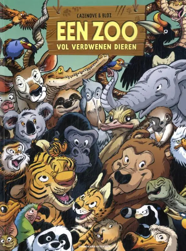 Een kleurrijke cartoon cover van het kinderboek een zoo vol verdwenen dieren 6 met dierenillustraties door christophe cazenove