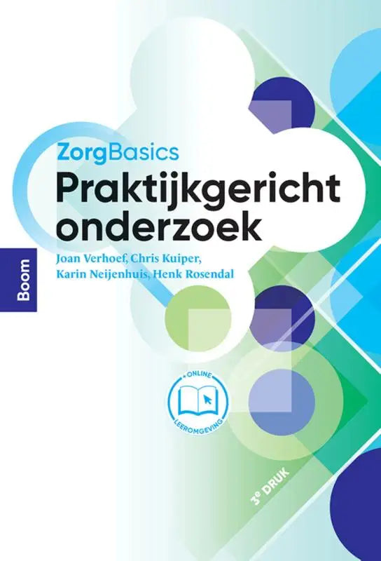 De cover van zorgbasics praktijkgericht onderzoek toont een modern ontwerp met blauwe en groene cirkels