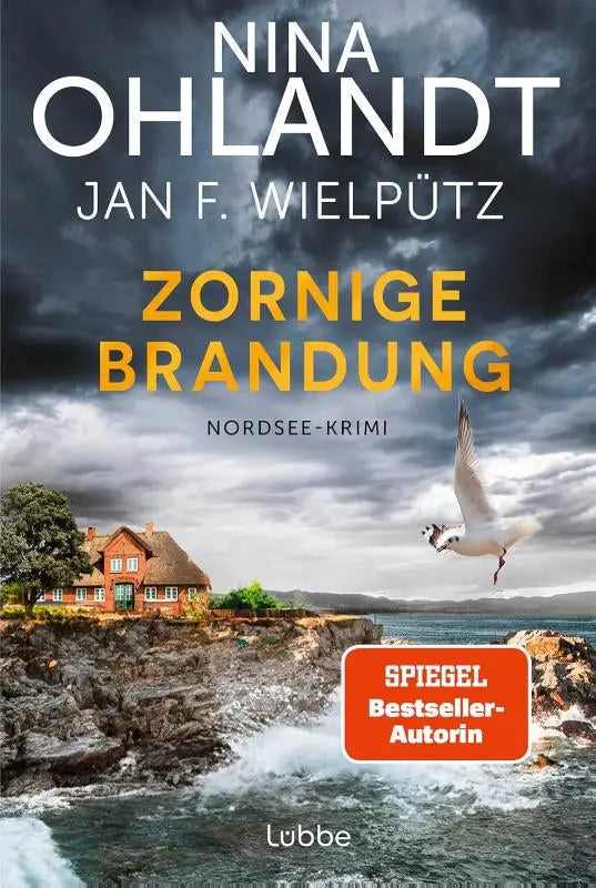 De cover van de nordsee-krimi zornige brandung toont een roodstenen huis met rieten dak op rotsachtige kliffen bij stormachtig weer
