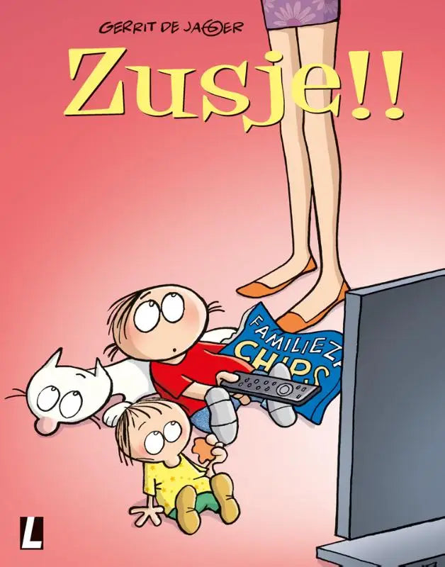 De cover van het stripboek zusje door Gerrit de Jager met cartoonfiguren en vrouwenbenen erboven