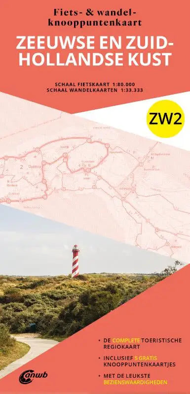 Dit is een rode en witte kaart van de zuid-hollandse kust regio met fiets- en wandelroutes op schaal 1:20.000 en 1:33.3