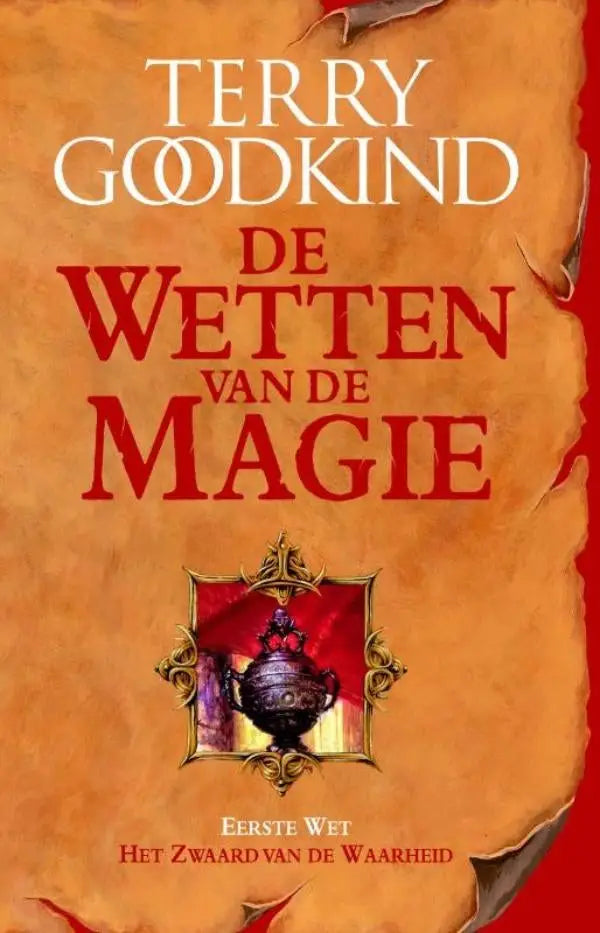 Het zwaard van de waarheid boek met donker urnornament en gouden details op rode achtergrond door terry goodkind luitingh sijthoff fantasy