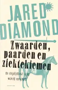 Zwarte en witte graphic met jared diamond tekst op de voorkant van het boek zwaarden paarden en ziektekiemen van uitgeverij unieboek