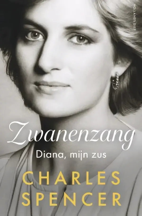 Zwart-witte portretboekcover van prinses diana met elegante zachte haarstijl en delicate oorbellen voor zwanenzang diana mijn zus