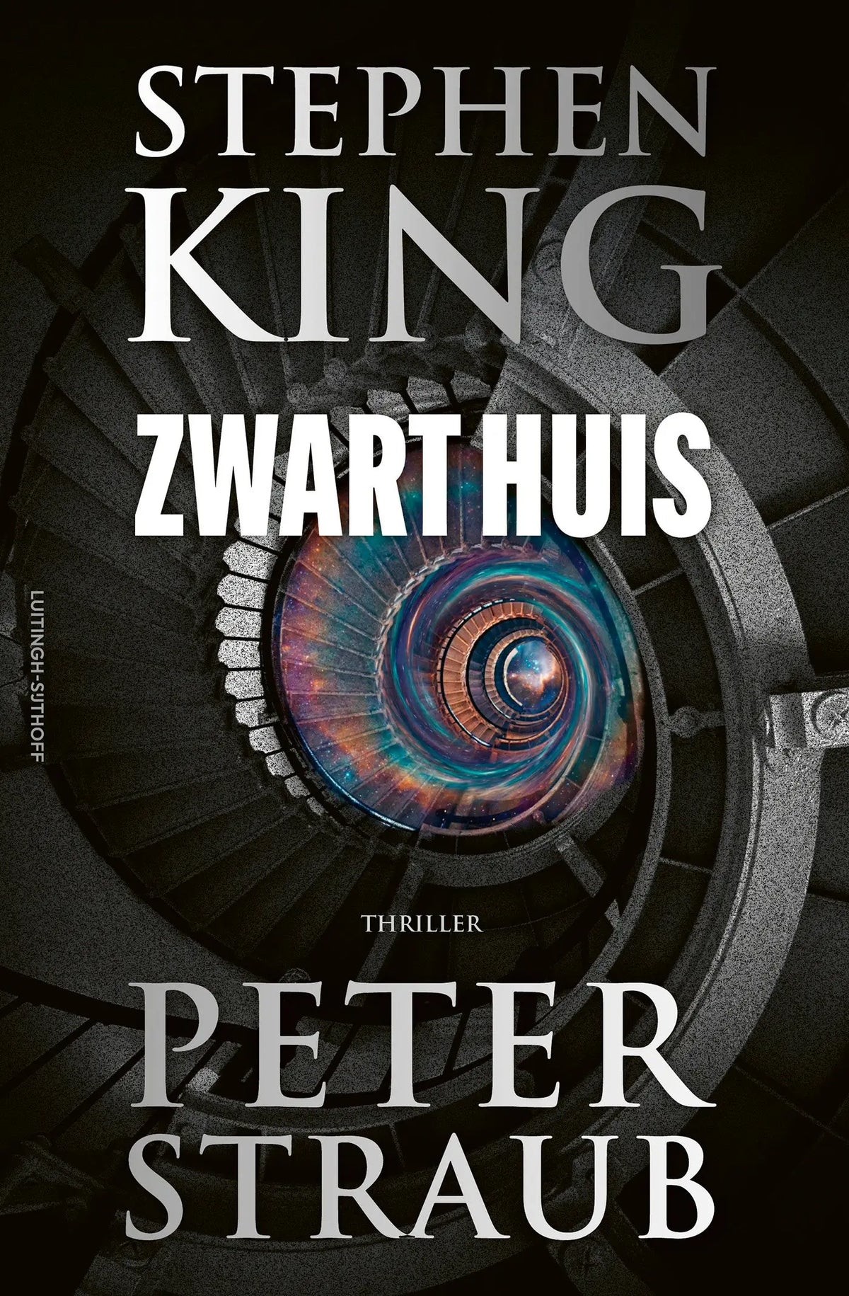 De zwart huis boekcover toont een donkere wenteltrap met een levendige regenboogkleurige vortex centraal, peter straub en stephen king