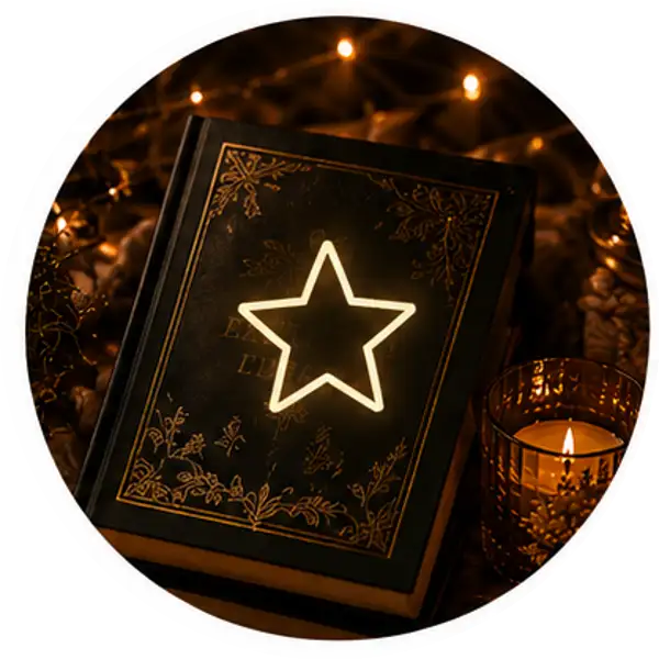 Een zwart leren boek met gouden reliëf bloemdecoraties en een gloedwitte stervormige neonverlichting op de omslag.