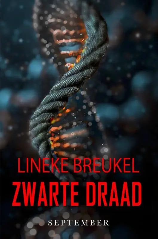 Donkere, getextureerde zwarte draad dna dubbele helix met gloeiende oranje en blauwe accenten