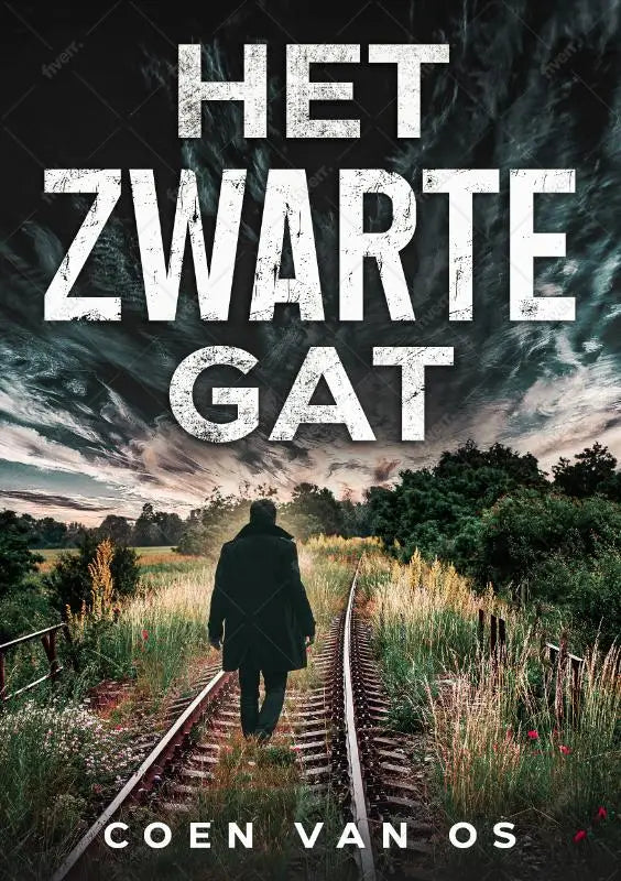 Het boekcover van het zwarte gat door coen van os toont een donker ontwerp met witte tekst en stormachtige lucht
