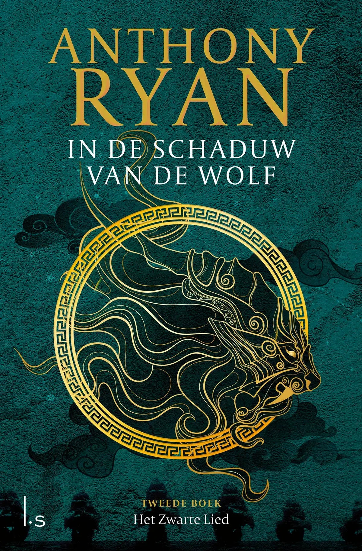 Het zwarte lied boekcover met gouden draak op getextureerde teal achtergrond van anthony ryan luitingh sijthoff fantasy