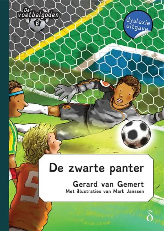 De cover van het kinderboek de zwarte panter van gerard van gemert toont een cartoonkeeper in grijs die een bal redt bij het net voetbalgoden deel 6