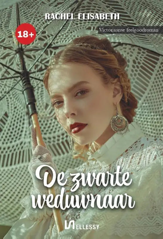 Een vrouw in een witte kanten victoriaanse jurk met rode lipstick en ornamentale oorbellen houdt een elaboraat parasol vast zwarte weduwnaar