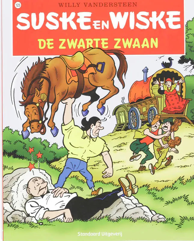 De cover van de zwarte zwaan suske en wiske strip door willy vandersteen met kleurrijke dynamische illustraties