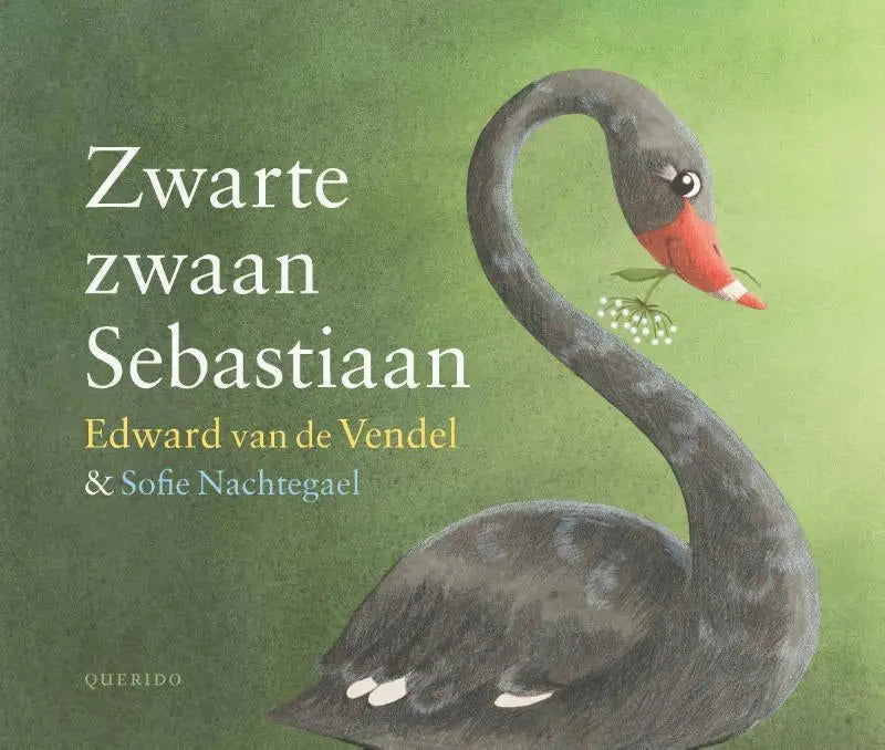 Een charmant geïllustreerde zwarte zwaan sebastiaan met rode snavel en witte vleugeltips, bloemen in de bek
