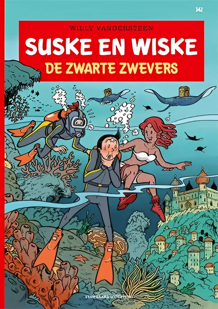 De cover van suske en wiske de zwarte zwevers toont kleurrijke onderwaterbeelden met duikers en een roodharige vrouw bij koraal voor jonge lezers