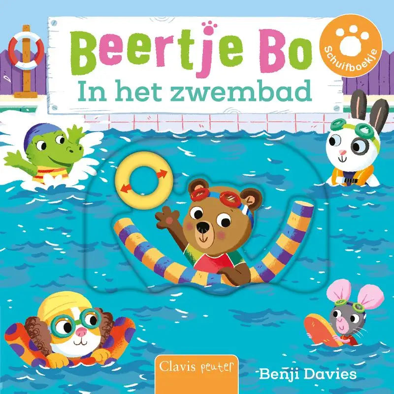 Helder gekleurde kinderboekcover in het zwembad met cartoon dieren zwemmend voor jonge lezers
