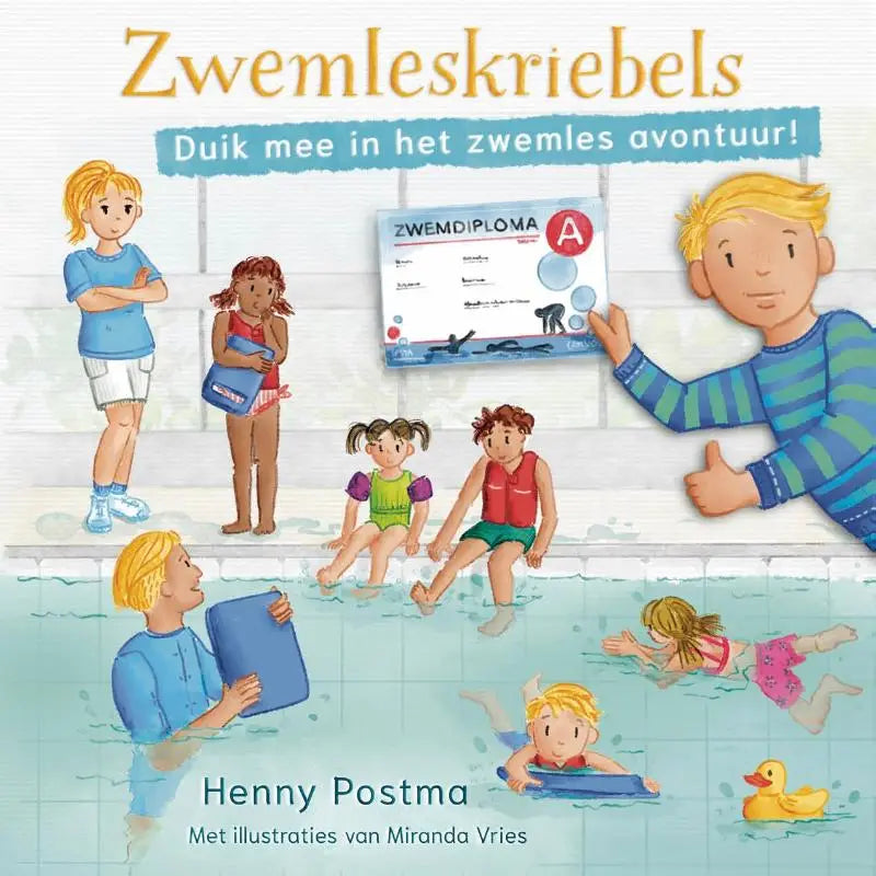 Kleurrijk kinderboek zwemleskriebels met cartoonkinderen in zwembad voor jonge lezers over zwemles avontuur duik mee