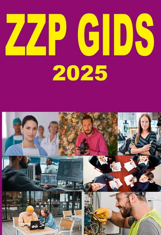 De cover van de zzp gids 2025 toont gele letters op paars met diverse professionals in verschillende werkomgevingen