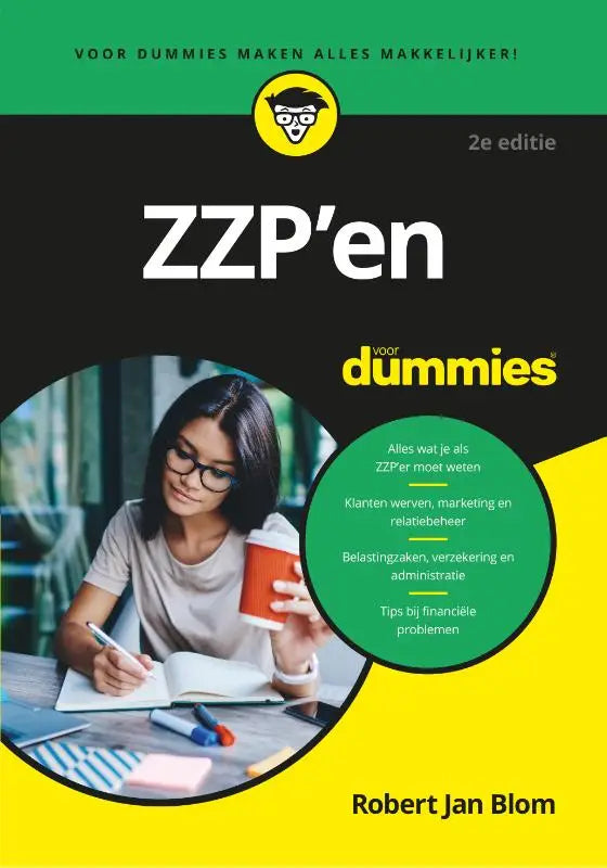 Boekcover zwart en geel van zzp en voor dummies met vrouw in bril die een oranje koffiekop vasthoudt